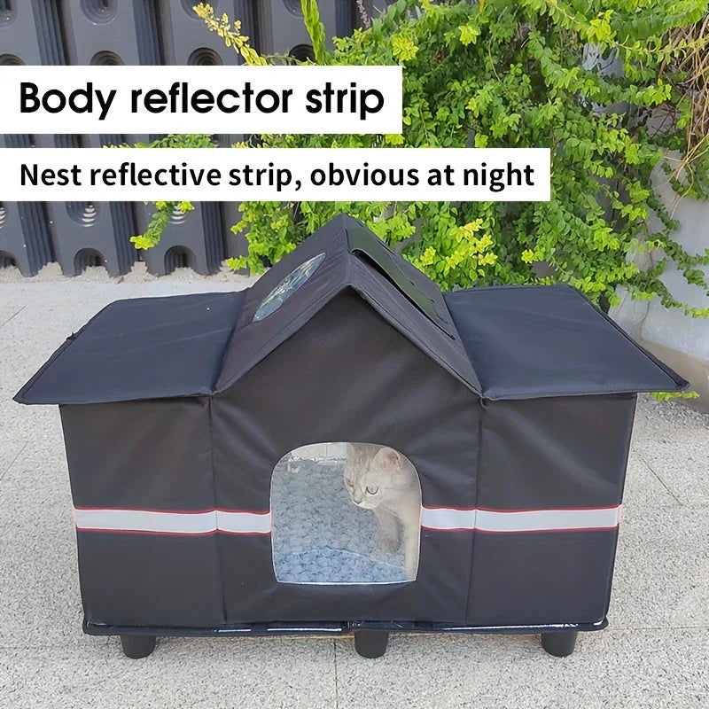 Outdoor cat house for winter featuring a reflective strip for visibility at night, ensuring safety and convenience.