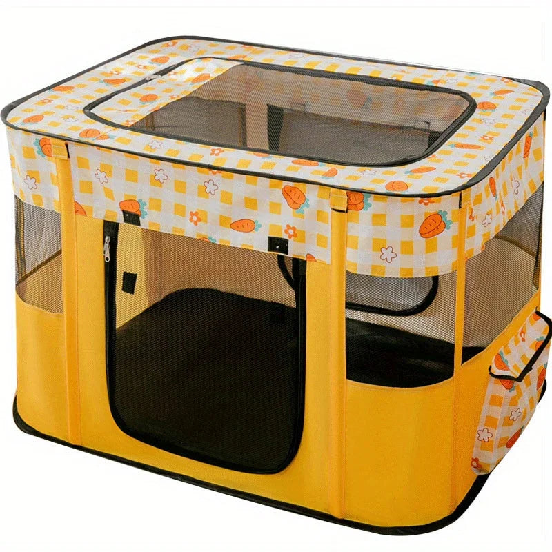 Bright yellow cat house featuring a carrot-themed design for indoor cats.