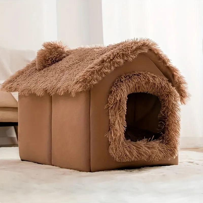 Side view of a brown covered cat bed with a fluffy roof and soft texture.