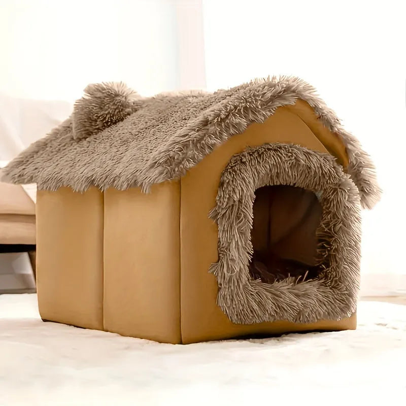 Side view of a brown covered cat bed with a fluffy roof and soft texture.