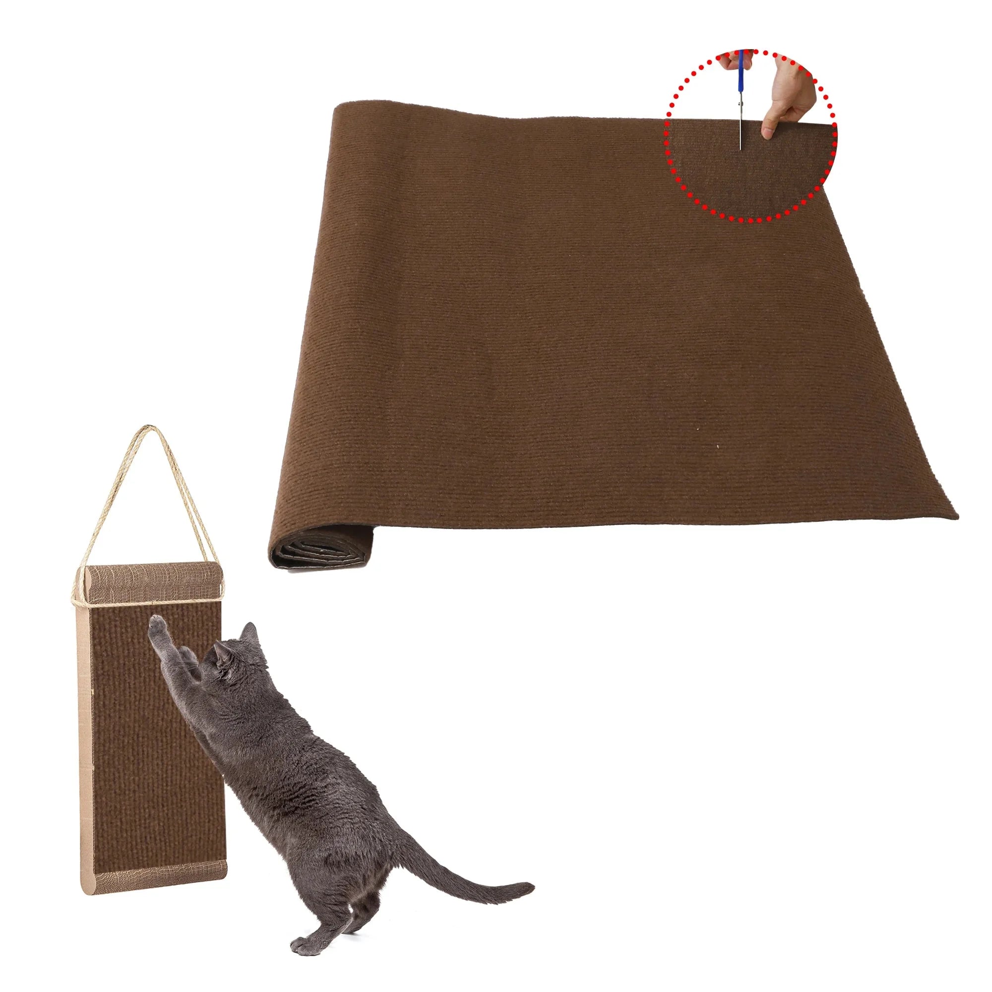 A brown sisal wall-mounted cat scratcher, durable and designed to support climbing and scratching.
