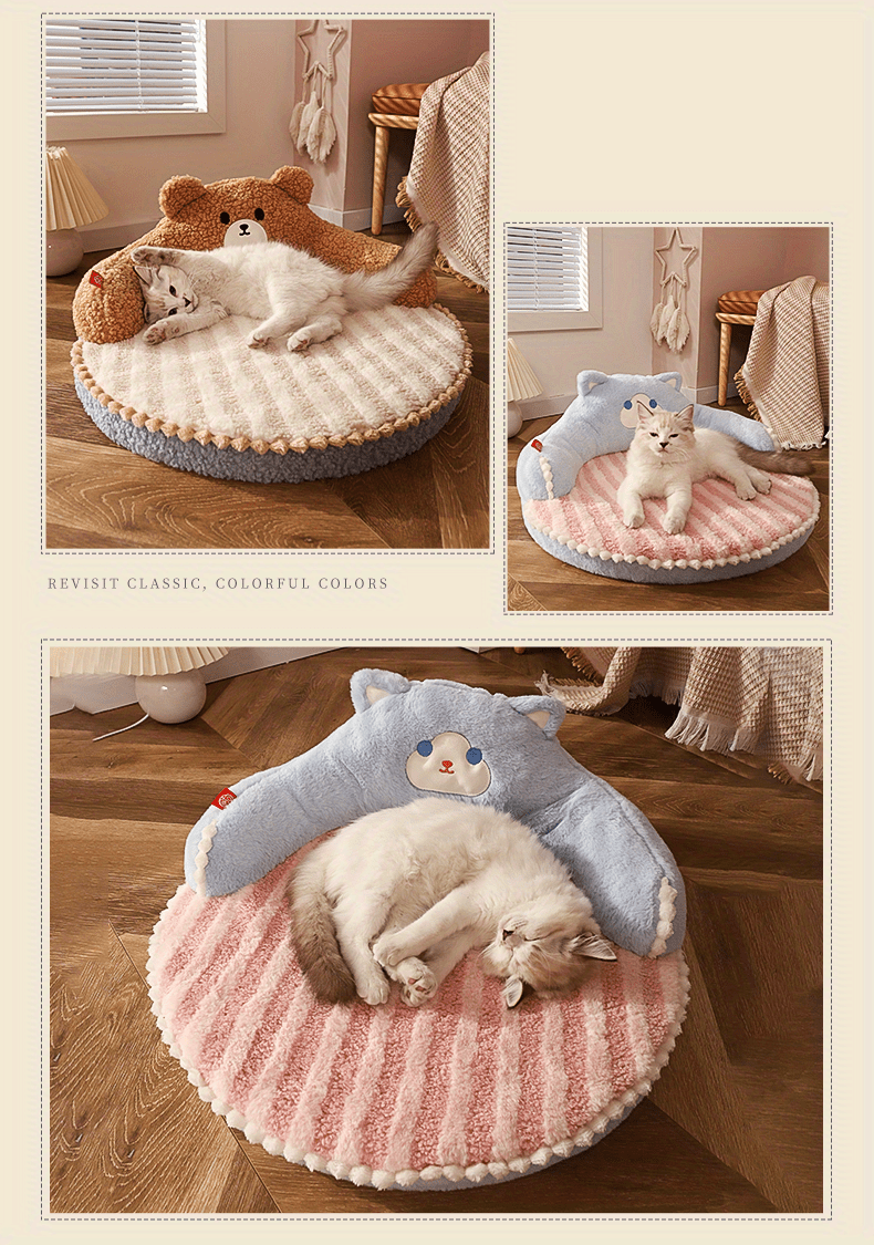 A soft and cuddly brown teddy bear-themed cat bed with a striped design, perfect for outdoor cat bed comfort and style.