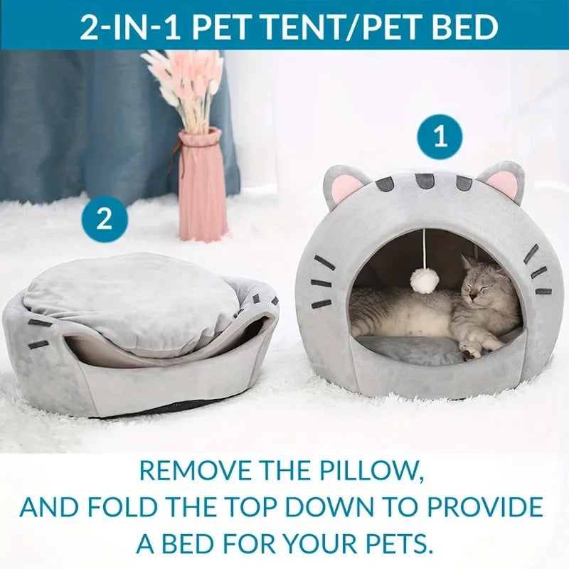 2-in-1 functionality of the cat bed warmer, which doubles as a pet tent and a flat bed by removing the cushion.