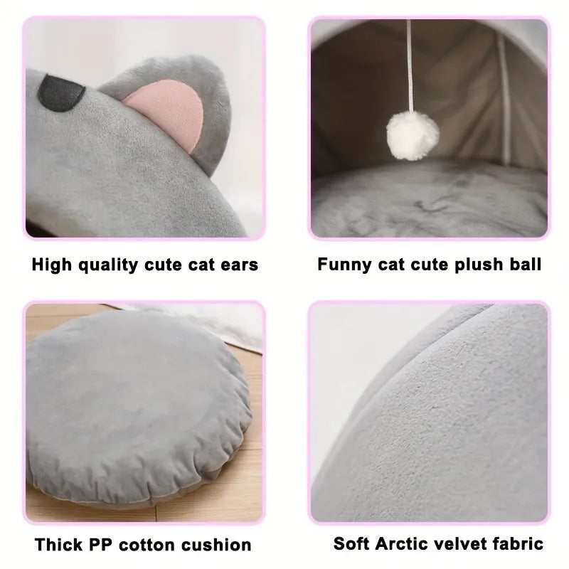 Features of the cat bed warmer showcasing cute cat ears, plush ball, soft velvet fabric, and thick PP cotton cushion.