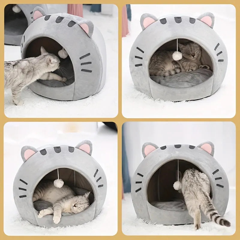 Multiple views of the cat bed warmer highlighting its cozy interior, playful ball, and soft padding.