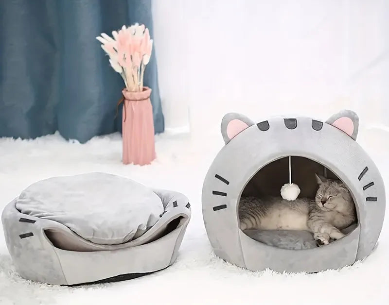 Versatile use of the cat bed warmer shown as a flat bed and a cozy tent, perfect for cats to relax