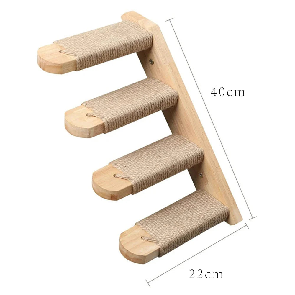 Wall-mounted cat climbing ladder with four sisal-wrapped steps for a secure grip.