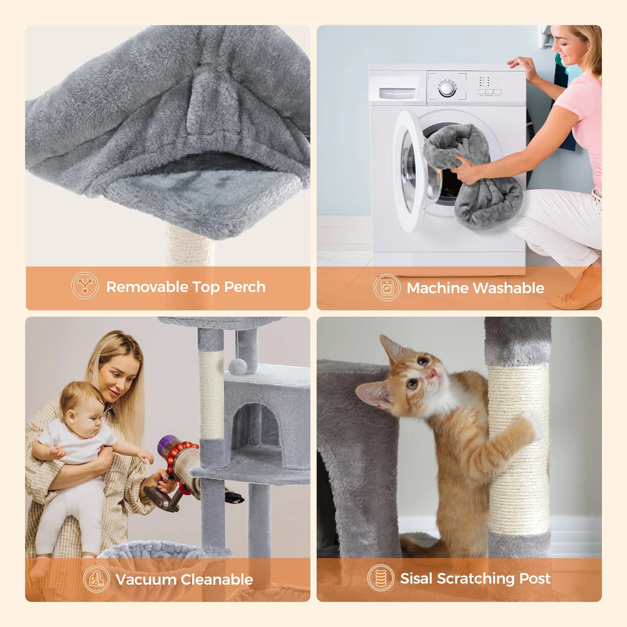 Machine washable and vacuum-friendly cat condo for large cats with sisal scratching posts and a removable perch."