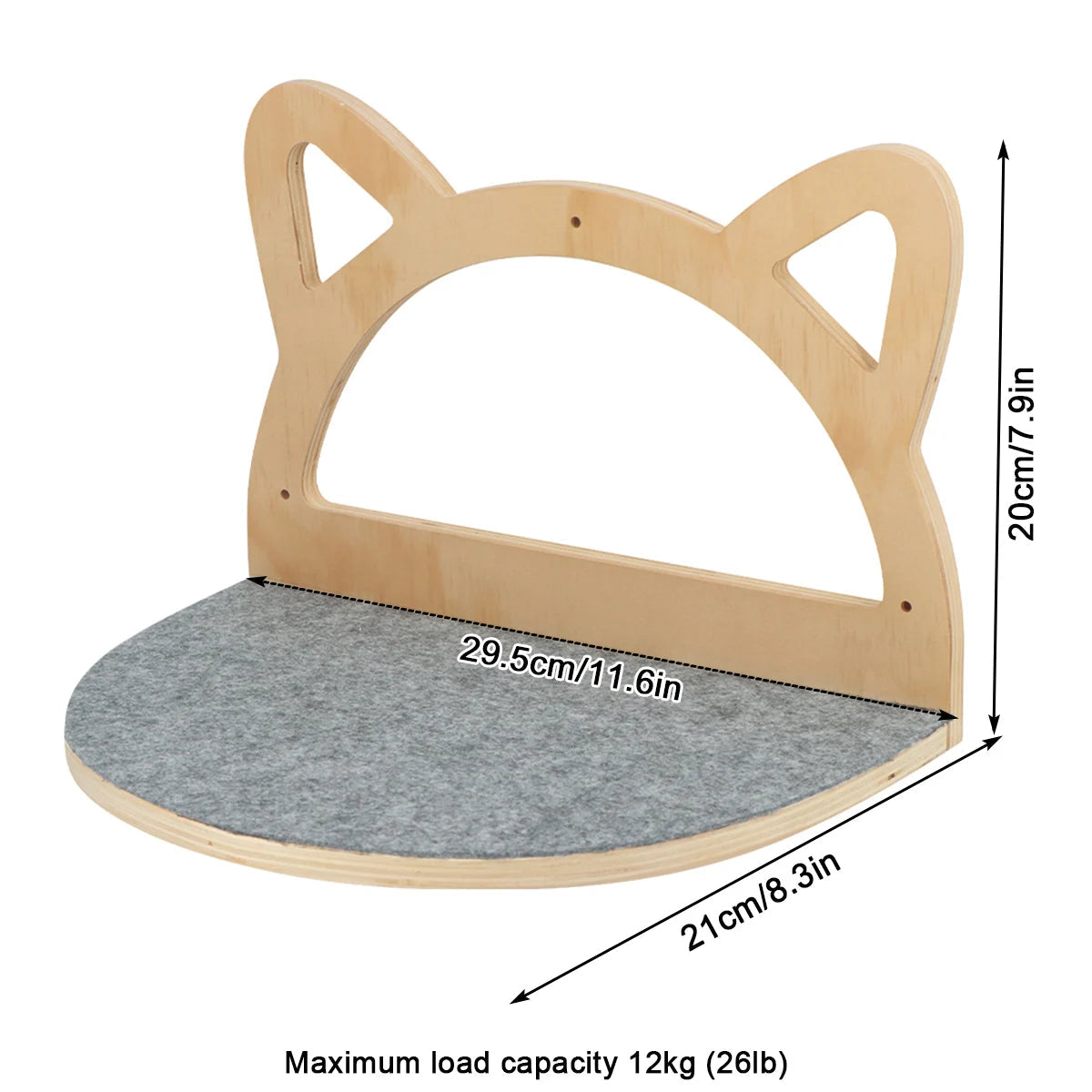 Minimalist wall-mounted cat shelf with cat ears design and load capacity details for safe use.