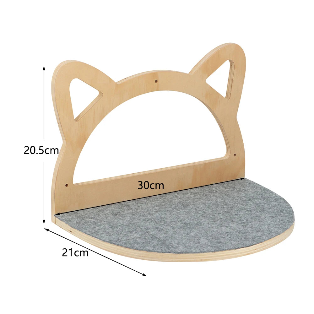 Wall-mounted shelf with cat face design for wall climb systems.