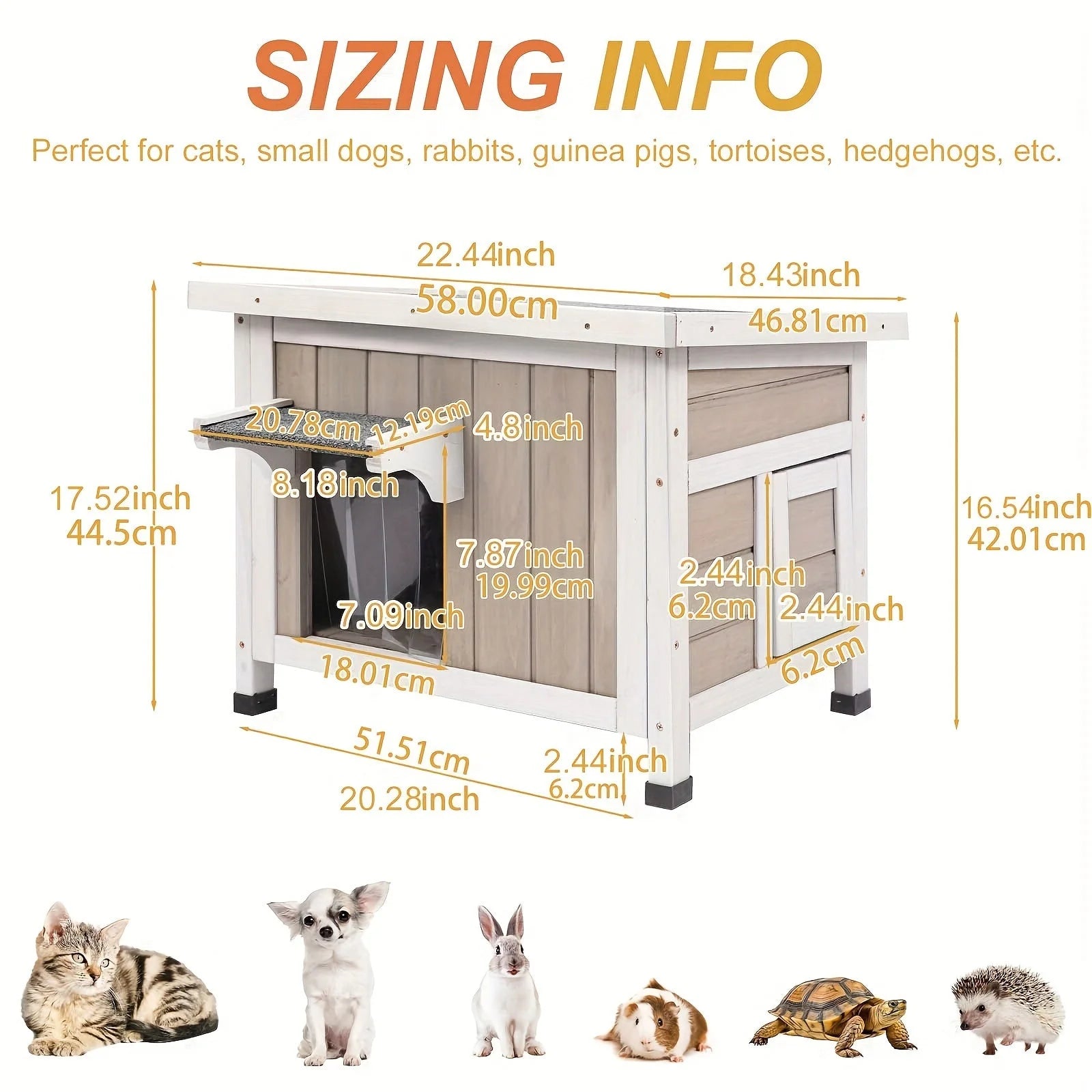 Detailed sizing info for a winter cat house, suitable for cats, small dogs, rabbits, guinea pigs, tortoises, and hedgehogs