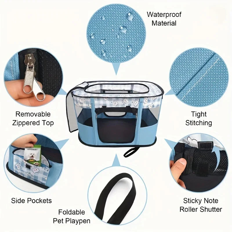 A blue foldable pet playpen. Includes images of waterproof material, removable zippered top.
