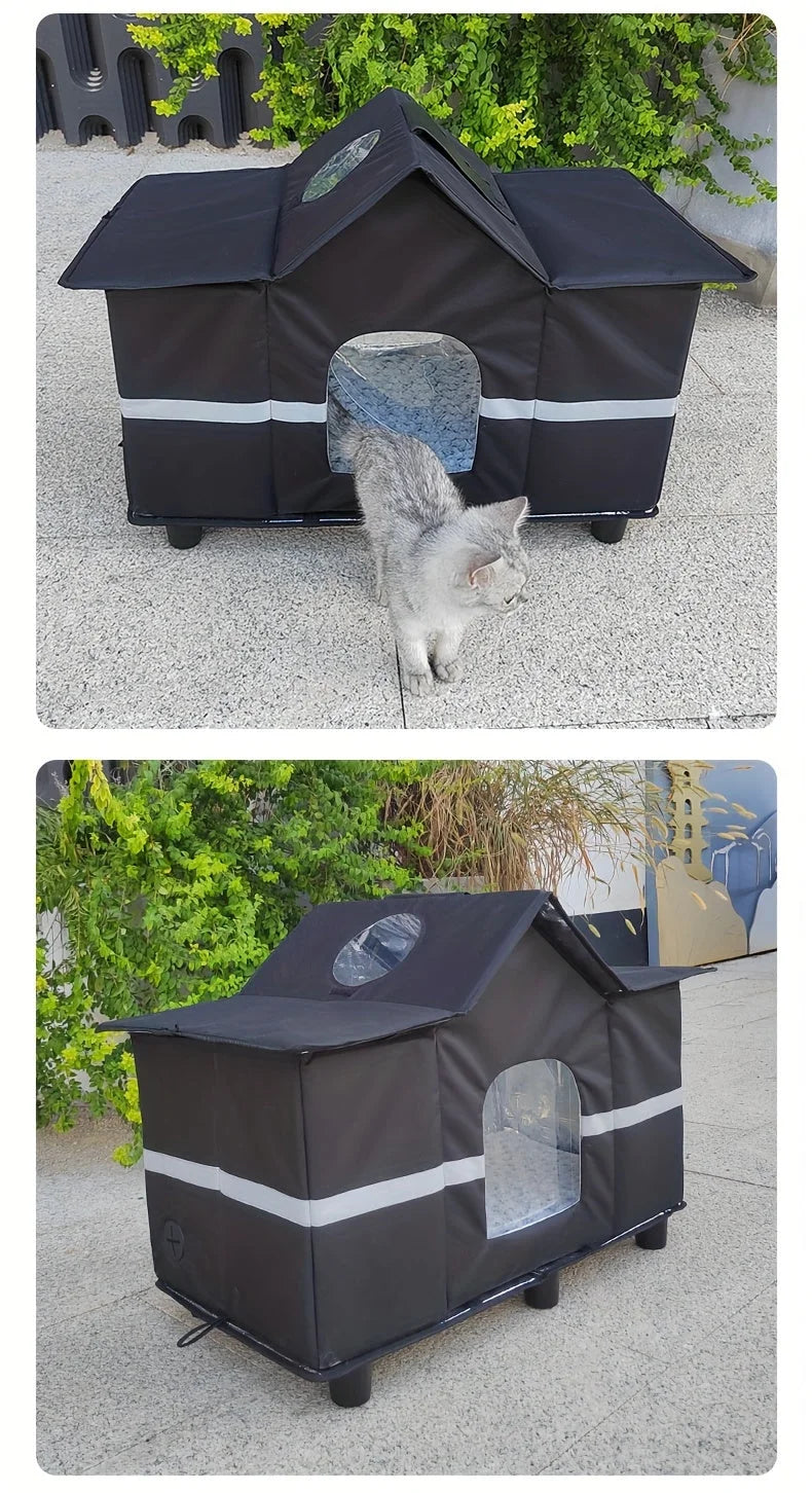 Cat inside a cozy outdoor cat house for winter with durable waterproof material and elevated design