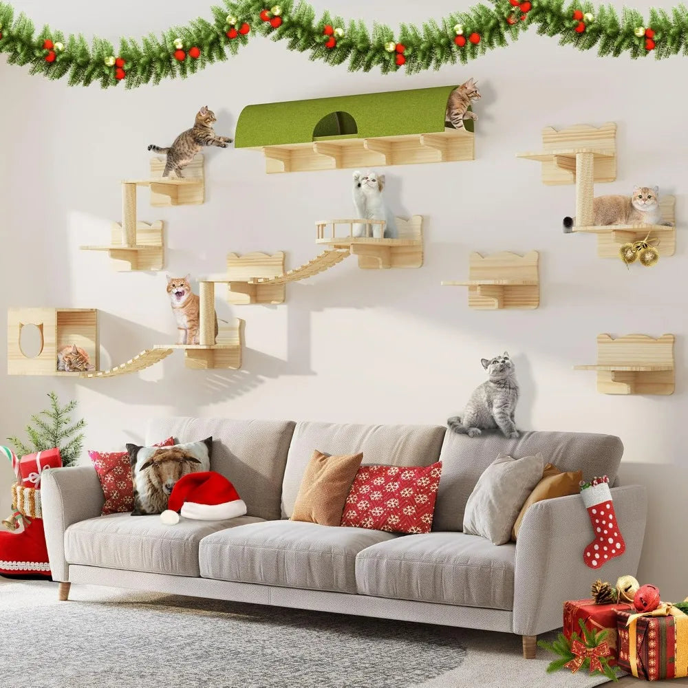 Festive holiday-themed cat climbing wall with cats playing on platforms, tunnels, and bridges.