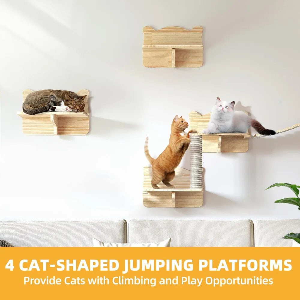 Cats enjoying the cat-shaped jumping platforms of a climbing wall for play and relaxation