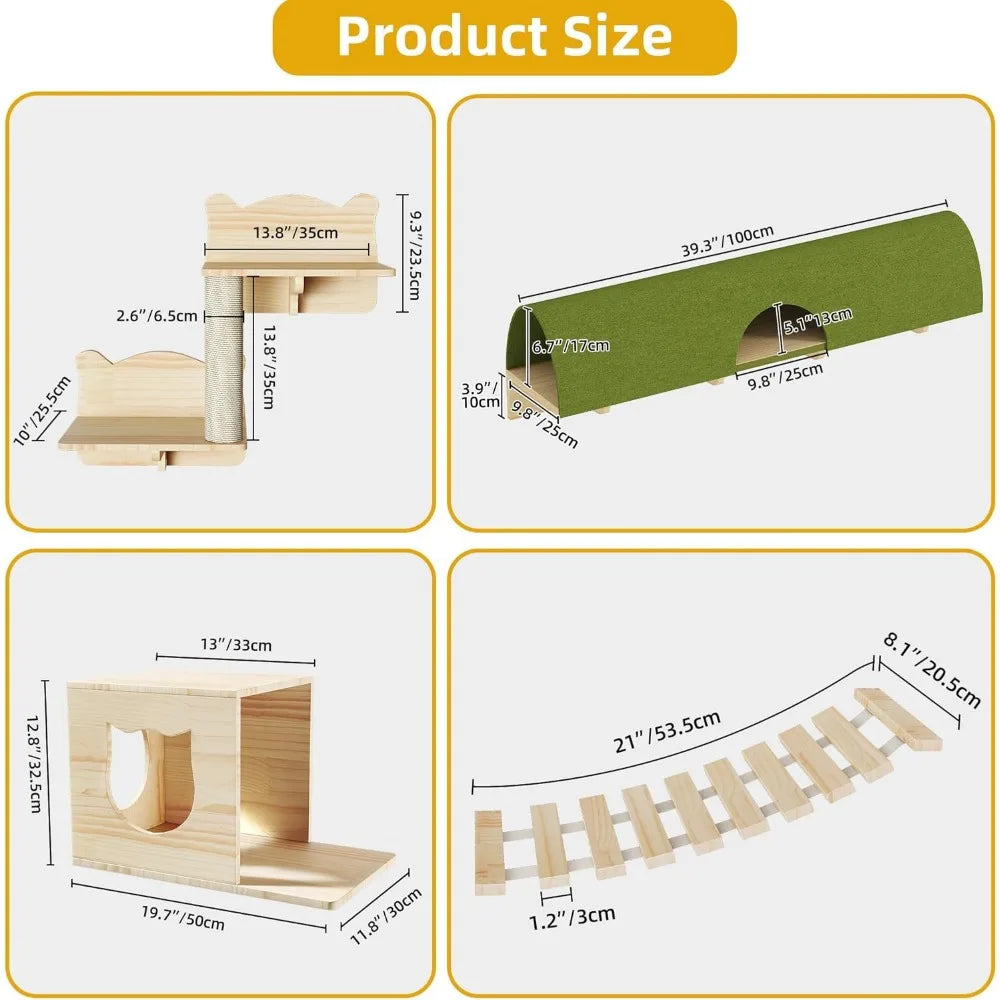 Detailed product dimensions of a cat climbing wall showcasing platforms, tunnels, and bridges for cats