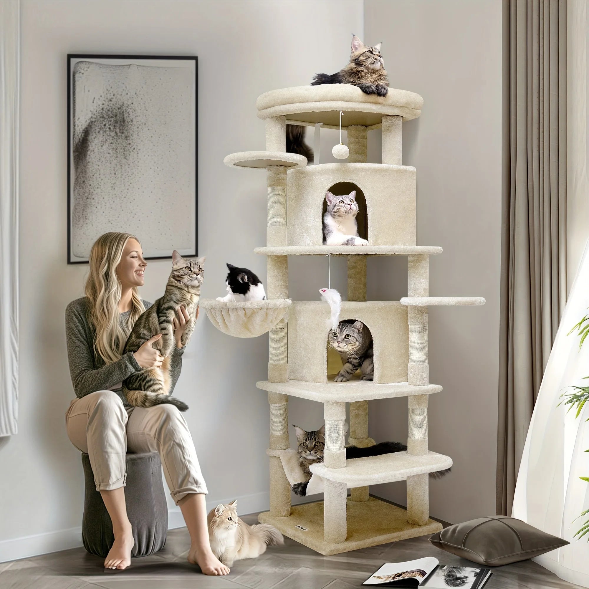 Modern chewy cat tree elegantly placed in a living room, creating a functional and aesthetic space for cats.