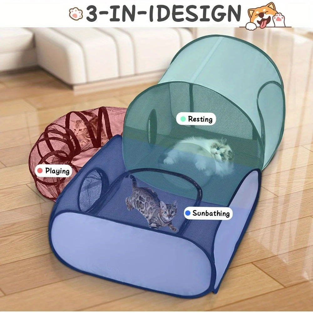 3-in-1 design cat playpen with tunnel for playing, resting, and sunbathing indoors.