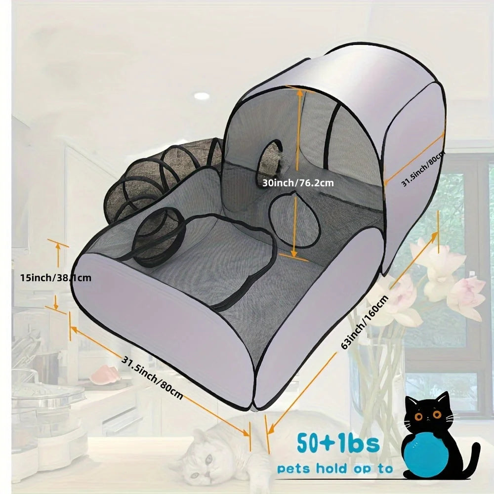 Dimensions of the cat playpen with tunnel, showcasing a spacious design for multiple pets.