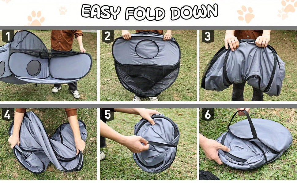 Step-by-step guide to folding the cat playpen with tunnel for compact storage.