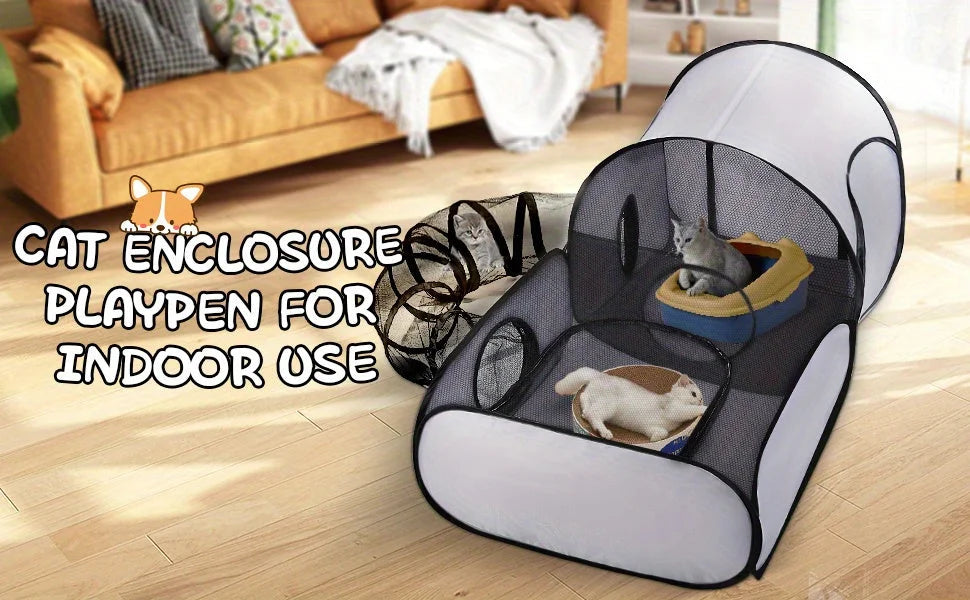 Indoor cat playpen with tunnel featuring a cozy space for play and relaxation.