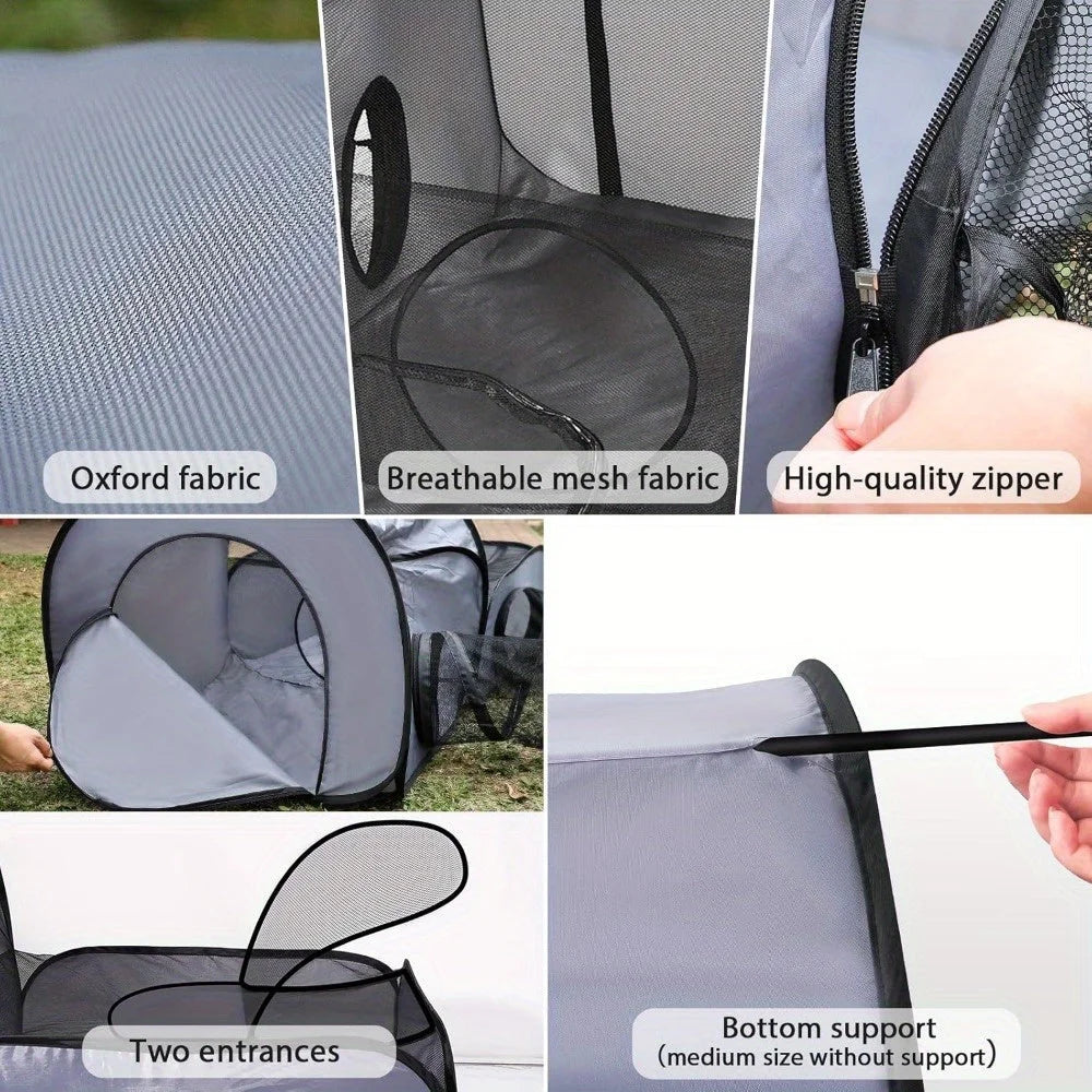 Material details of the cat playpen with tunnel, including oxford fabric, breathable mesh, and high-quality zippers.