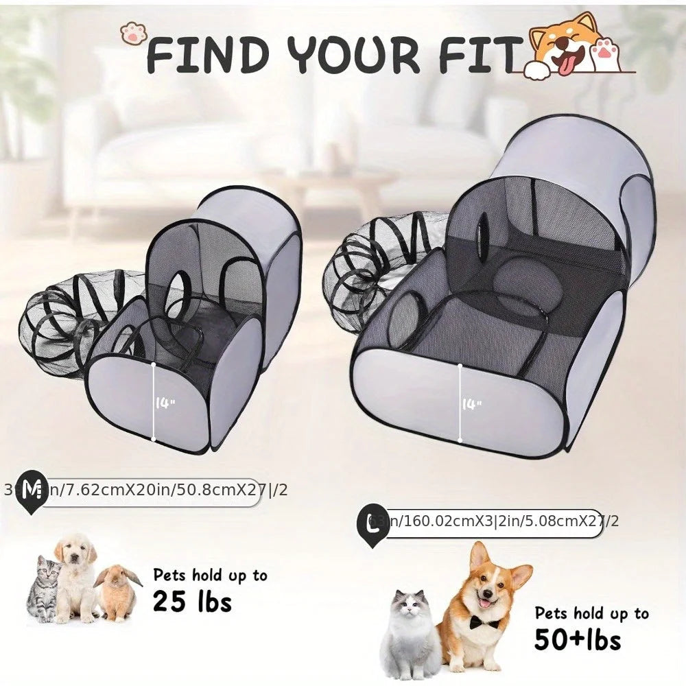 Pet playpen size guide: M fits pets up to 25 lbs, L fits pets over 50 lbs. Includes tunnels for play.