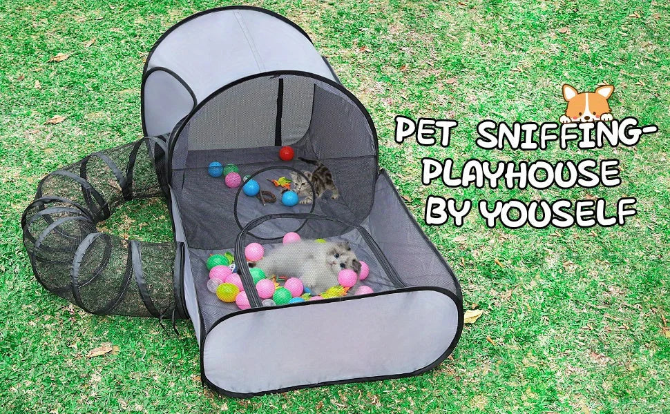 Cat playpen with tunnel labeled as a sniffing playhouse, designed for interactive and sensory fun.