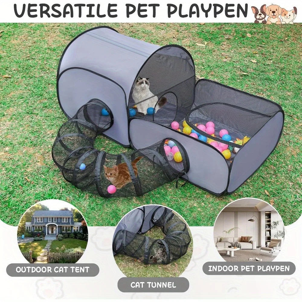 Versatile cat playpen with tunnel suitable for outdoor and indoor use, featuring a fun and engaging setup.