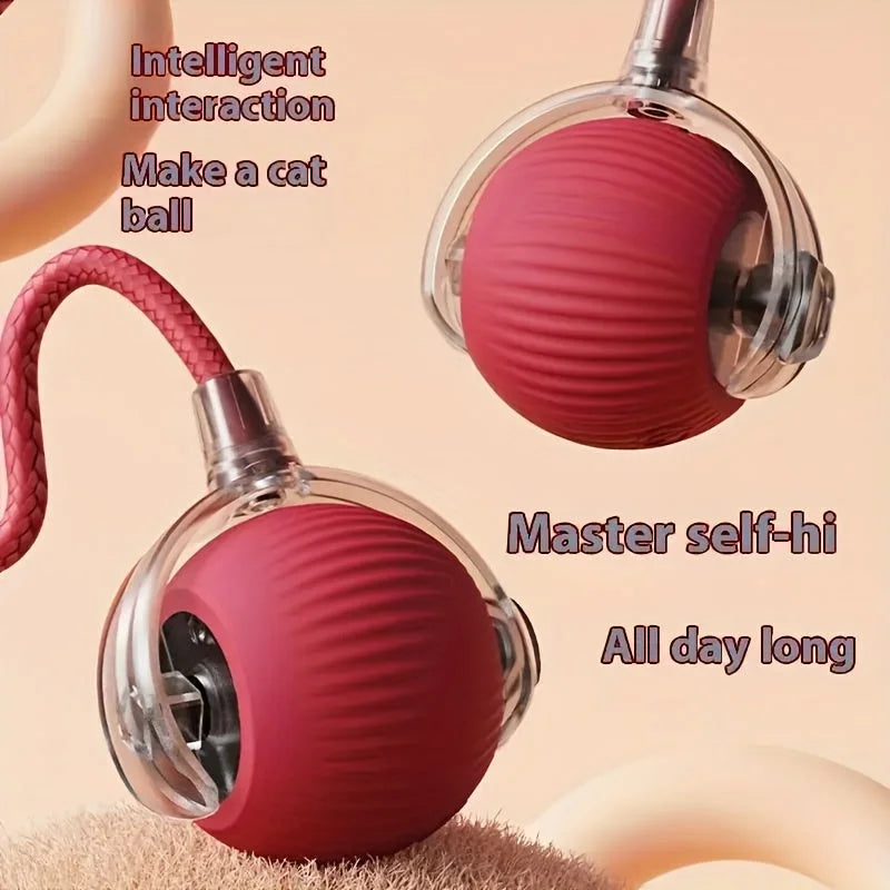 Red cat rolling ball toy with intelligent interaction mode for cats.