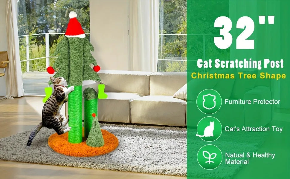 Festive 32-inch Christmas tree cat scratching post with natural materials, a furniture protector, and a fun toy for cats