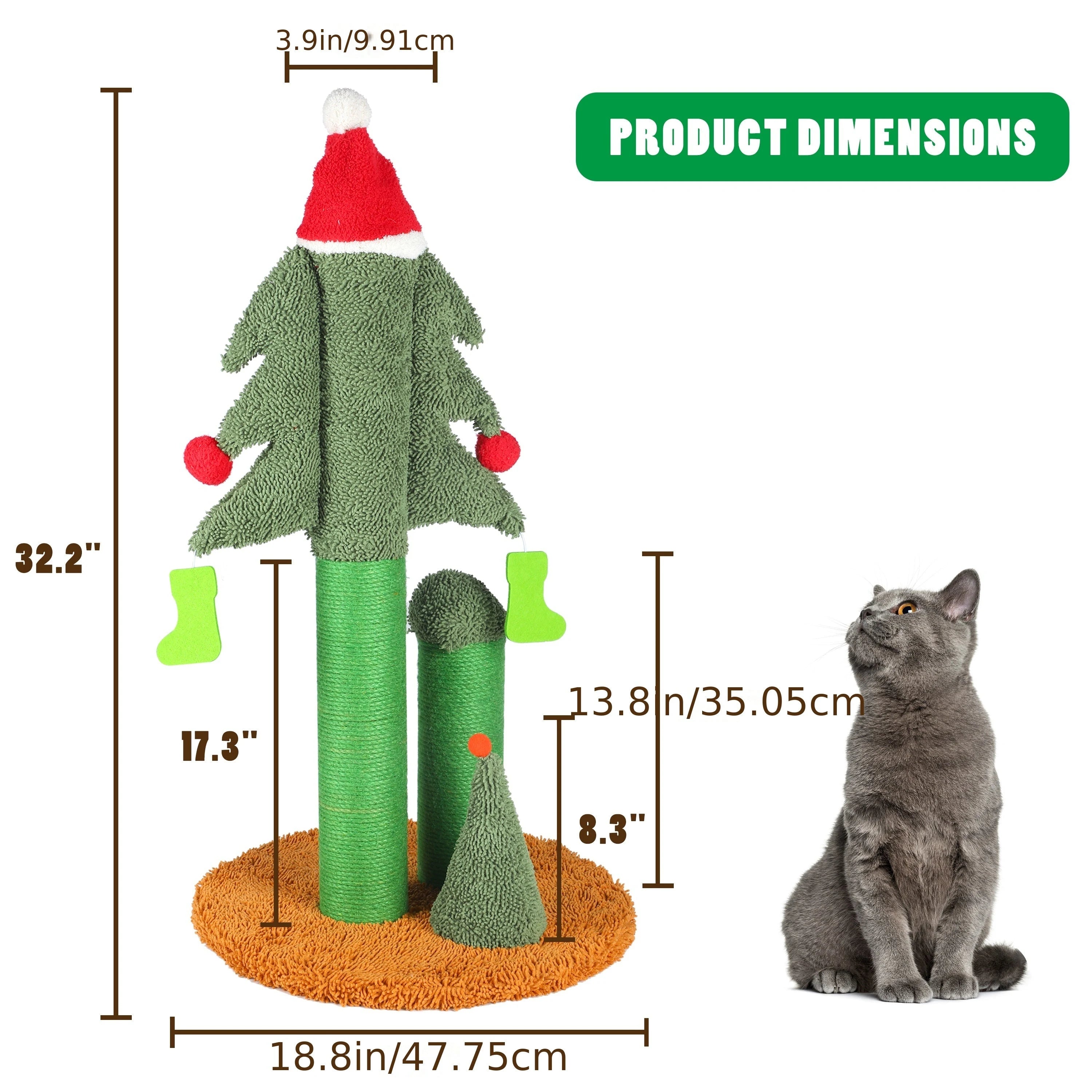 Christmas tree cat scratching post, 32.2 inches tall, 18.8 inches wide, with three posts, festive details, and playful accessories