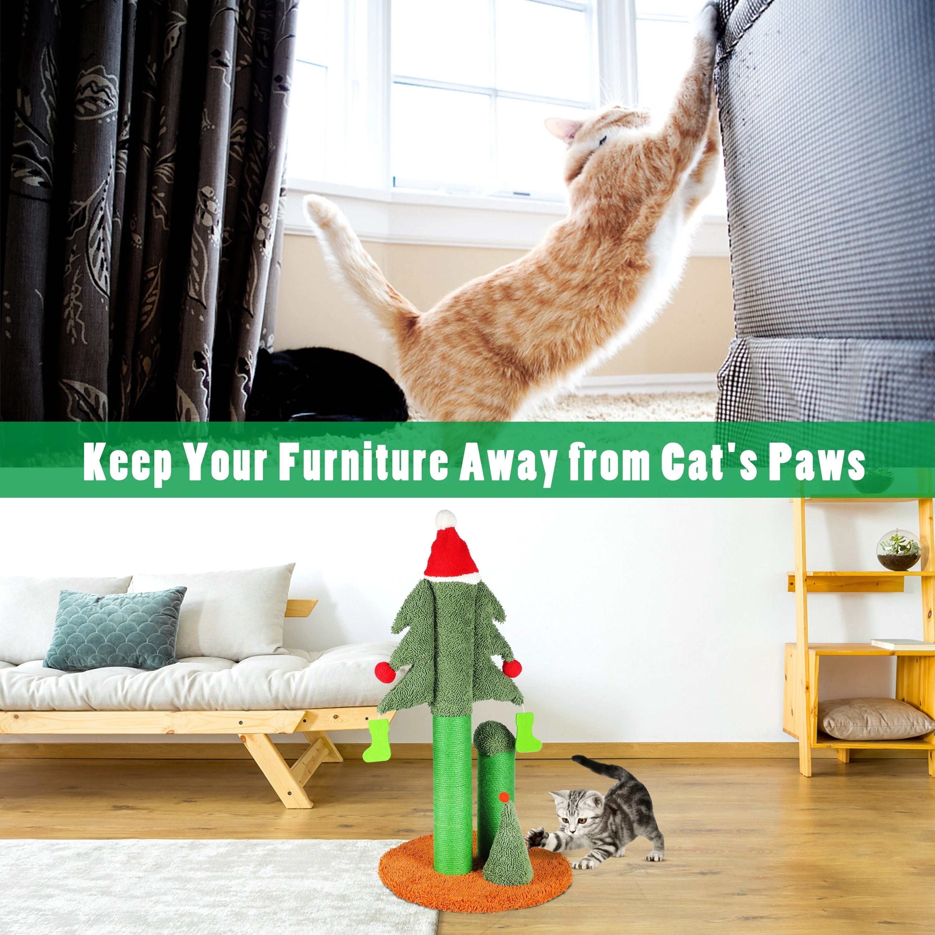 Christmas tree cat scratching post protects furniture from scratches; modern living room setup with cats enjoying the interactive toy