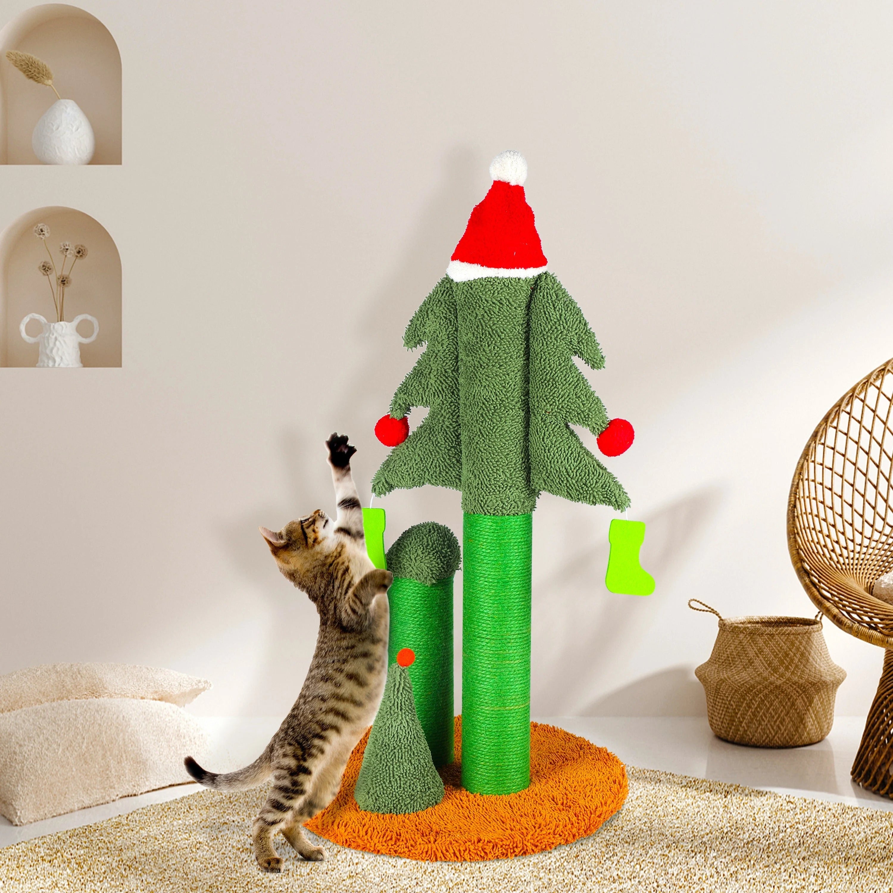 Cat playing on the Christmas tree cat scratching post, with festive details like stockings, red balls, and a Santa hat