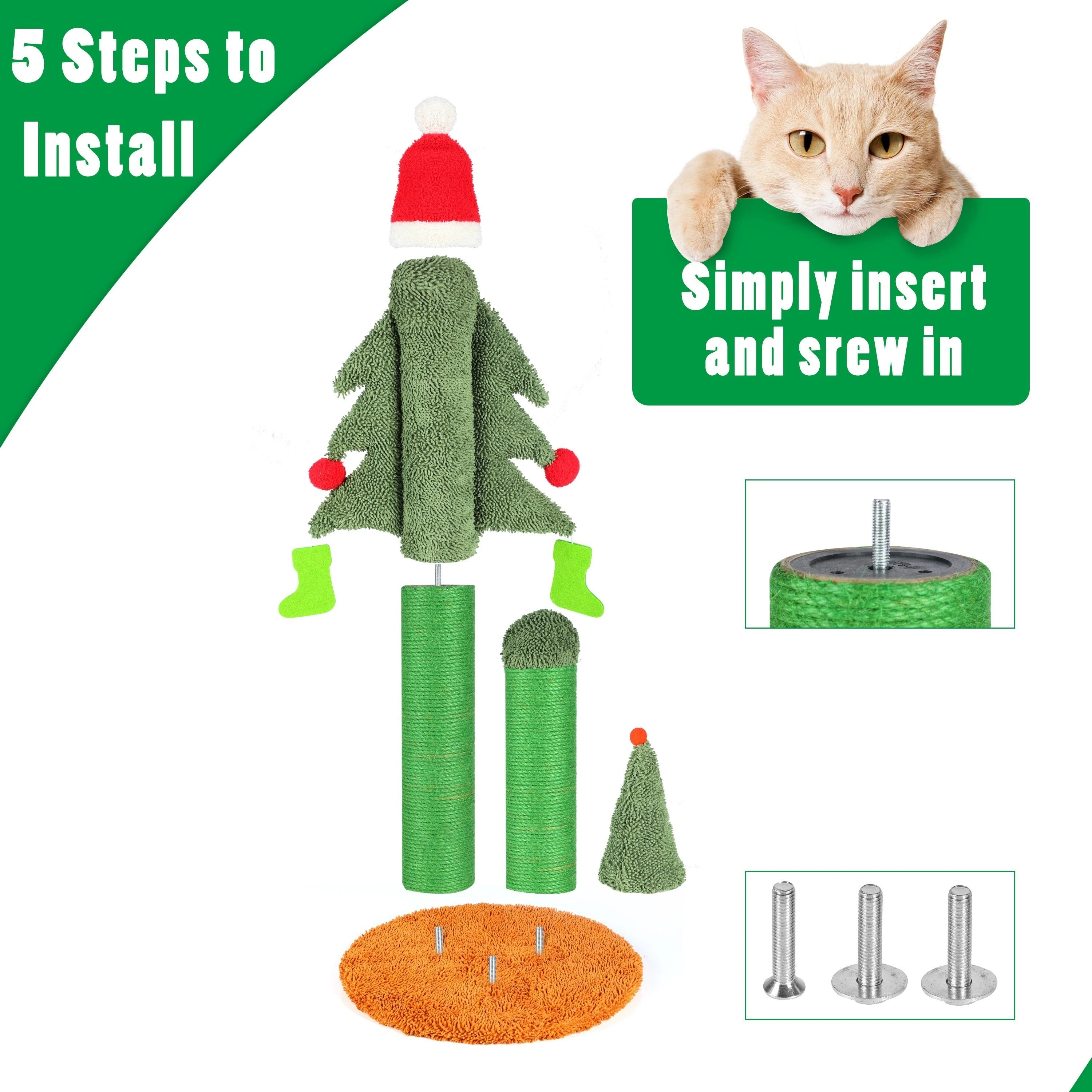 Easy-to-assemble Christmas tree cat scratching post with labeled parts and step-by-step instructions to insert and screw together.