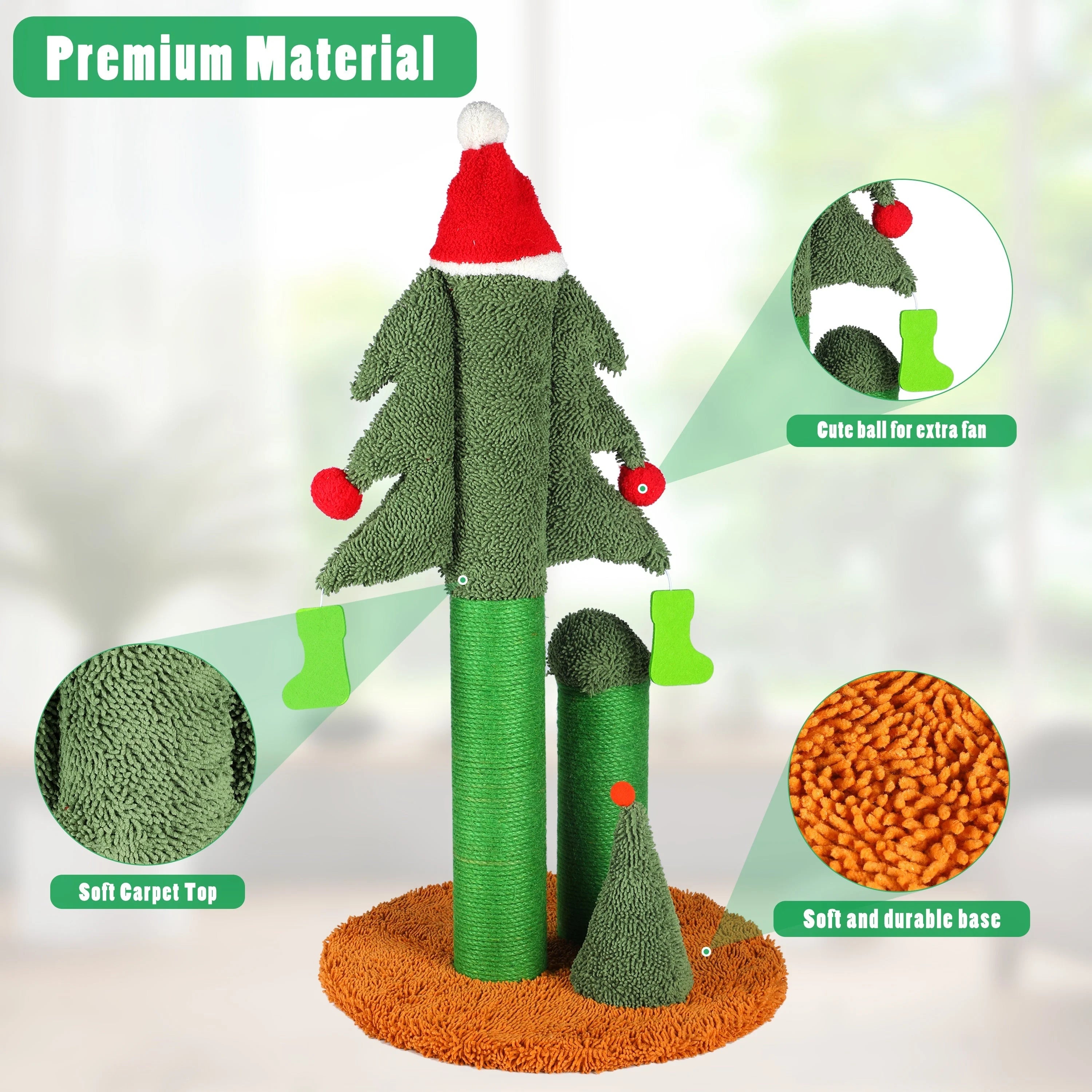 Close-up of the Christmas tree cat scratching post, featuring a soft carpet base, durable materials, and fun accessories for cats.