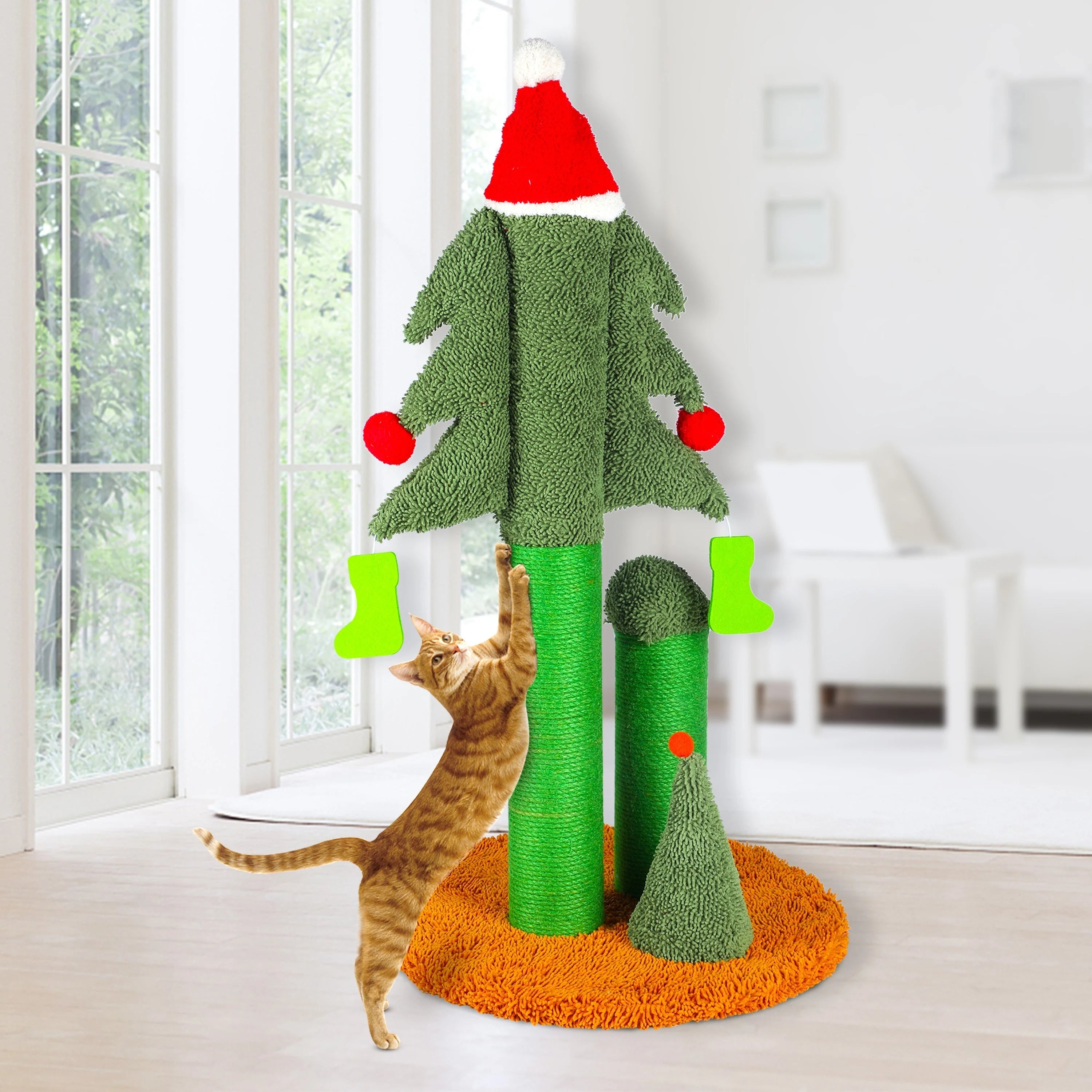 Christmas tree cat scratching post in a cozy living room with a playful kitten reaching for festive accessories.