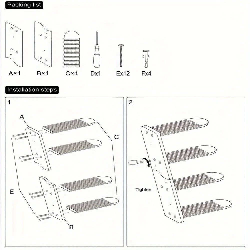 Assembly guide for cat stairs on wall, showing parts list and step-by-step construction