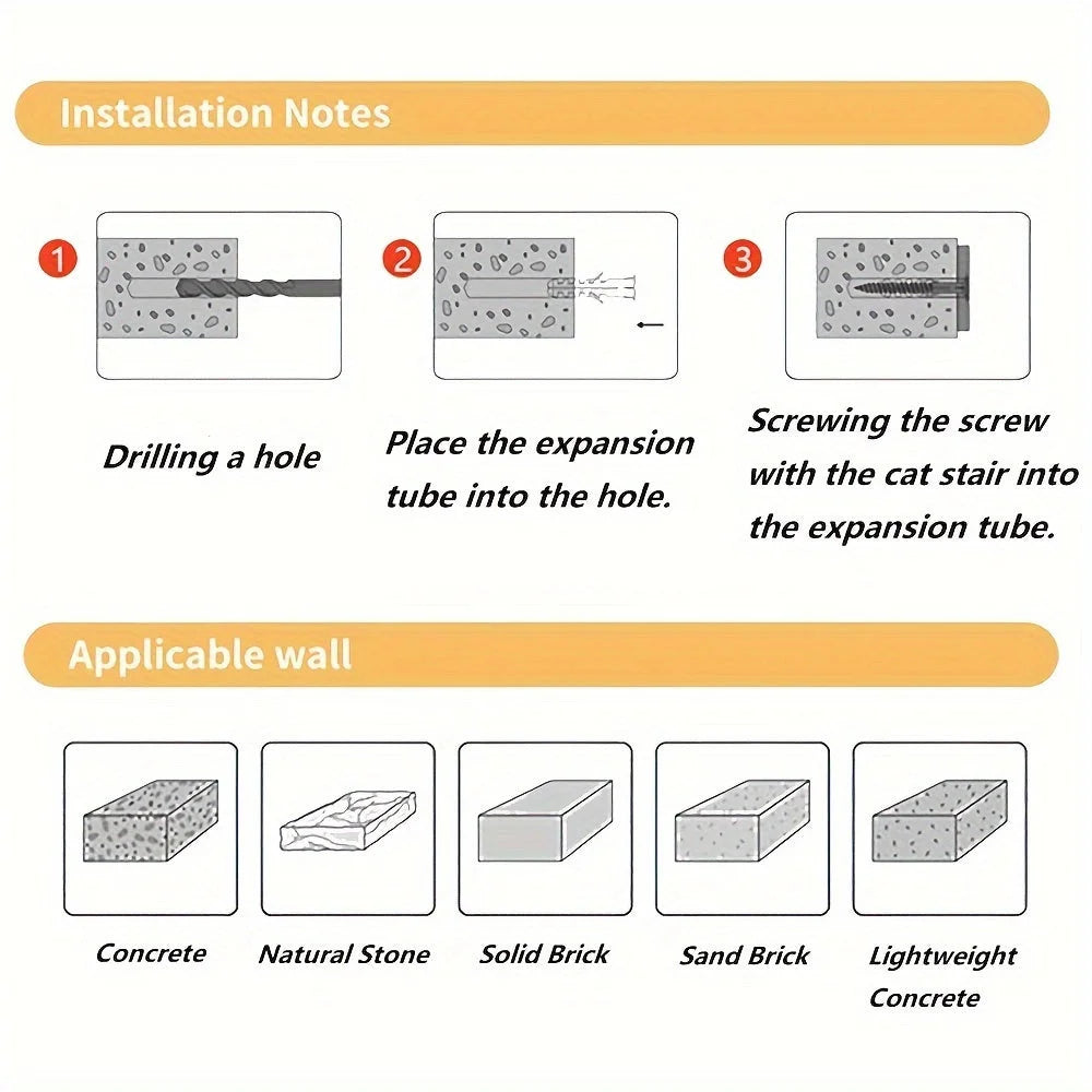 Step-by-step installation guide for cat stairs on wall, including drilling, expansion tube placement, and screw fitting