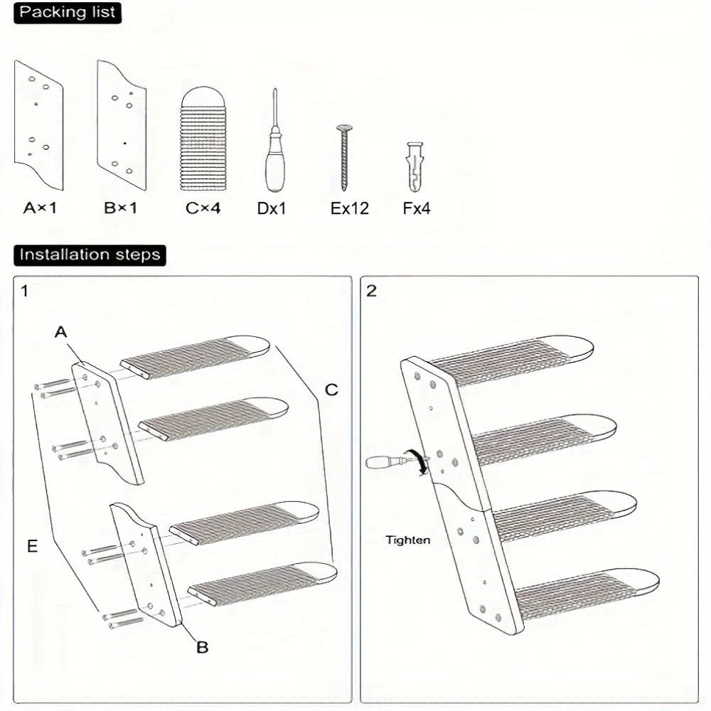 Installation instructions for cat stairs on solid wall using drill, screws, and expansion hardware