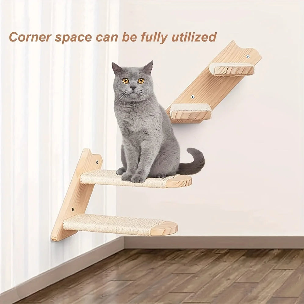 Features of cat stairs on wall, highlighting jute rope wrapping, solid rubber wood construction, and embedded metal parts