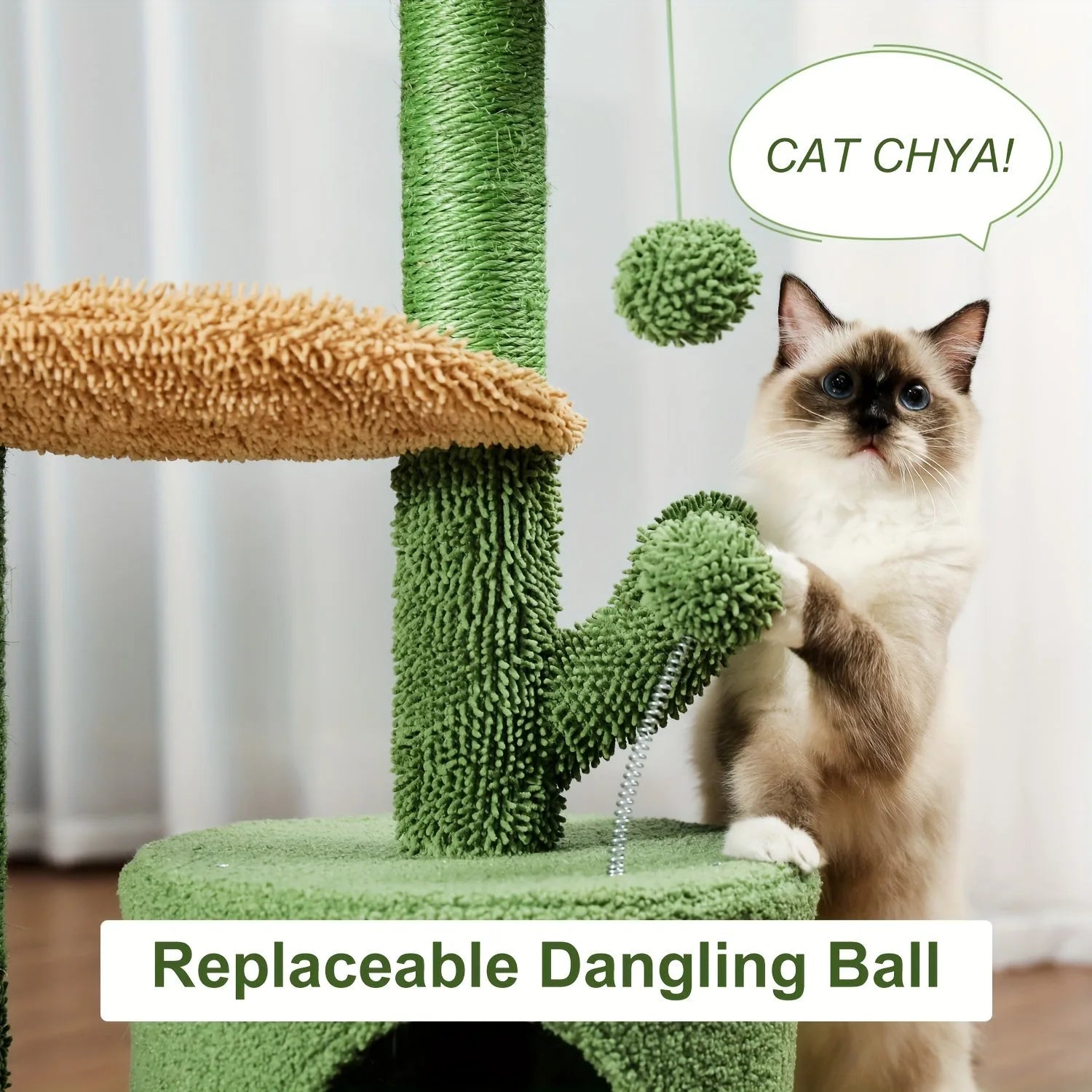 Cat playing with a replaceable dangling ball on a cactus-themed cat tower and scratching post, designed for fun and activity."