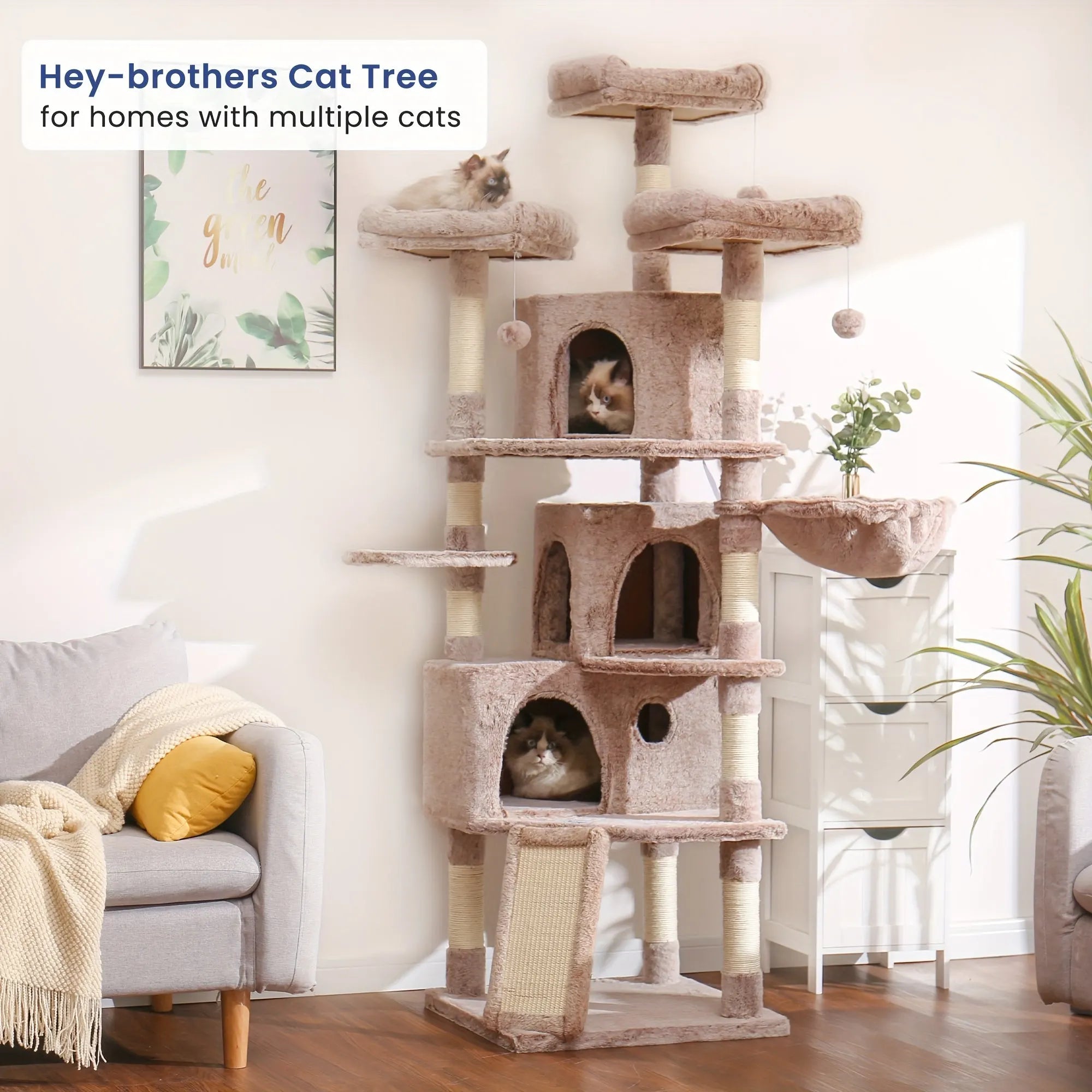 Stylish and functional cat tree with hammock, condos, and platforms, tailored for big cats in a cozy setup