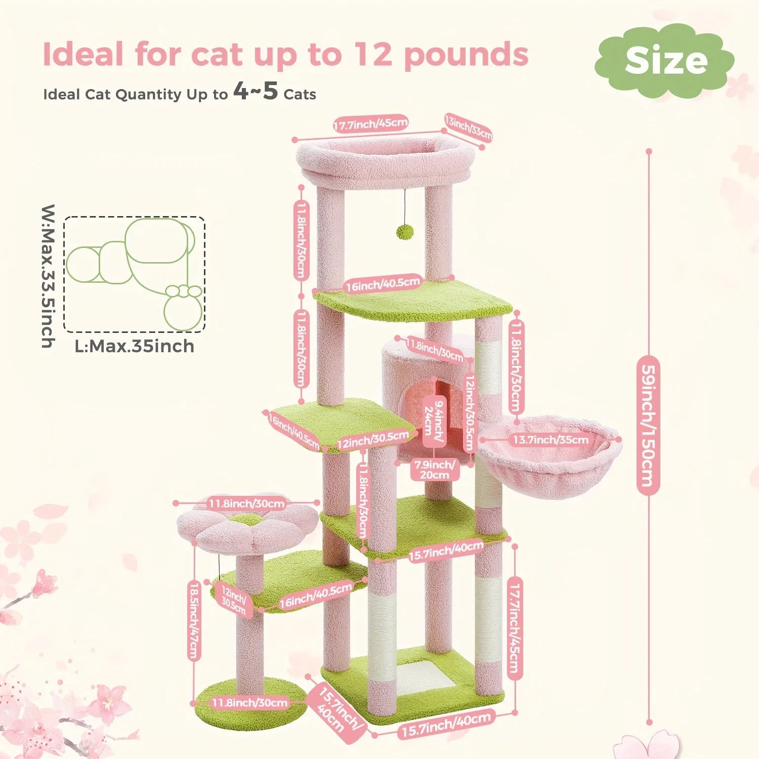 Cute pink cat condo as part of a large cat tree, providing a quiet and safe retreat for relaxation."