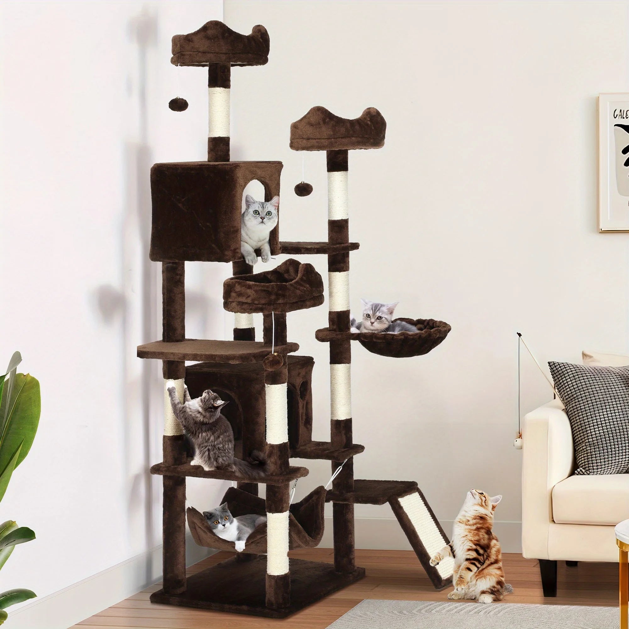 Cat Tree With Hammock accommodating multiple cats playing, scratching, and lounging comfortably