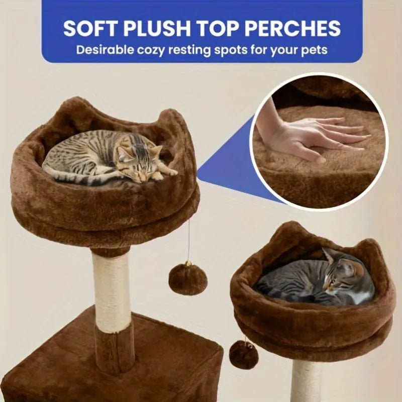 Cat Tree With Hammock showcasing soft plush perches, cozy nests, and interactive hanging toys.