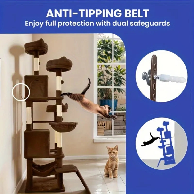 Cat Tree With Hammock secured with an anti-tipping belt for safe and sturdy use by active cats.