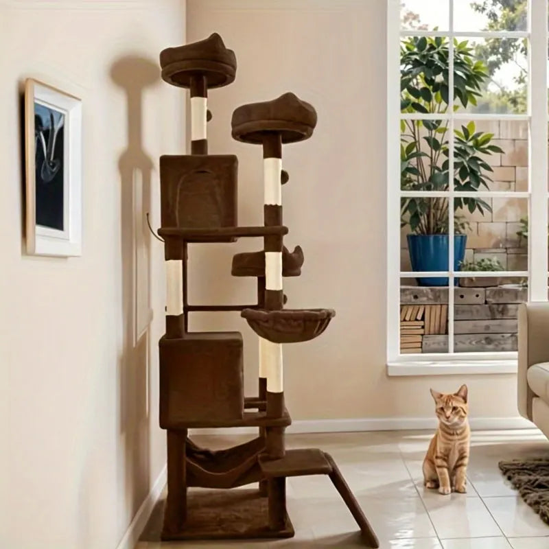 Cat Tree With Hammock displayed in a bright living room with cats climbing, playing, and resting on various levels.