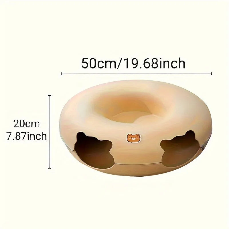 Cat tunnel bed dimensions shown as 50 cm wide and 20 cm tall, ideal for cats of various sizes.