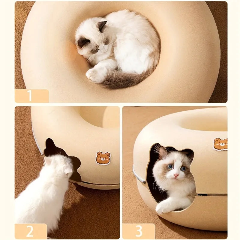 Three-step guide showing a cat interacting with and resting in the versatile cat tunnel bed.